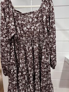 Girls' Brown Floral Tiered Dress with Long Sleeves